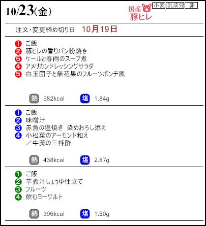 健康倶楽部プレミアム10月23日のメニュー