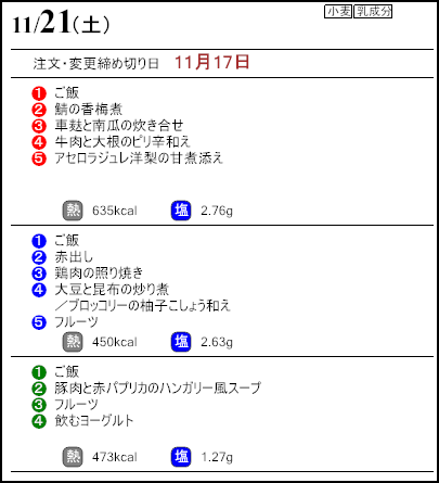 健康倶楽部プレミアム11月21日のメニュー