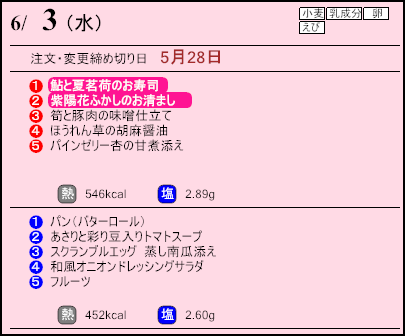健康倶楽部スタンダード6月3日のメニュー