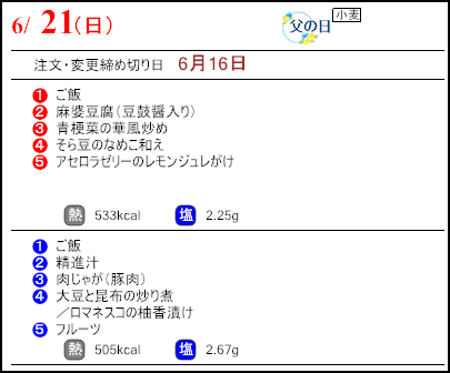 健康倶楽部スタンダード6月21日のメニュー