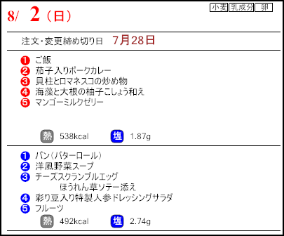 健康倶楽部スタンダード8月2日のメニュー