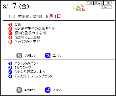 健康倶楽部スタンダード8月7日のメニュー
