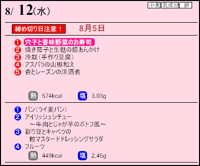 健康倶楽部スタンダード8月12日のメニュー