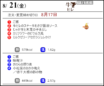 健康倶楽部スタンダード8月21日のメニュー