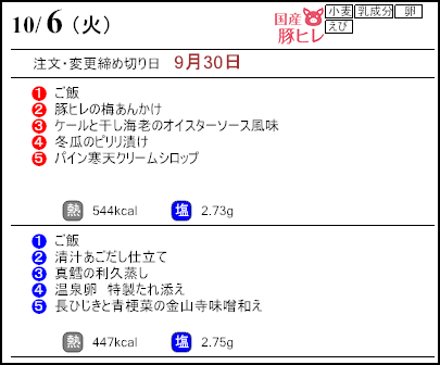 健康倶楽部スタンダード10月6日のメニュー