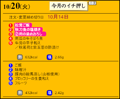 健康倶楽部スタンダード10月20日のメニュー