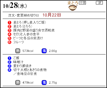健康倶楽部スタンダード10月28日のメニュー