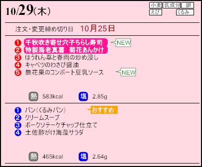 健康倶楽部スタンダード10月29日のメニュー