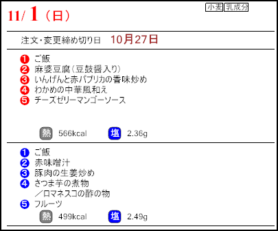 健康倶楽部スタンダード11月1日のメニュー