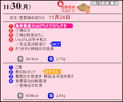 健康倶楽部スタンダード11月30日のメニュー