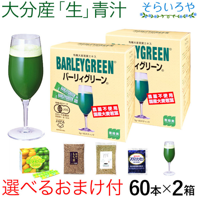 生青汁 バーリィグリーン 選べるおまけ付 60本×2箱セット 大分県産有機大麦若葉エキス バーリーグリーン