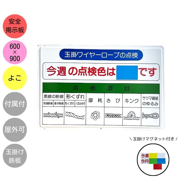 TMK-69 玉掛け鉄板 玉掛けワイヤーロープの点検 工事現場 横型 600×900mm スチール 付属品セット(玉掛けマグネット)付き