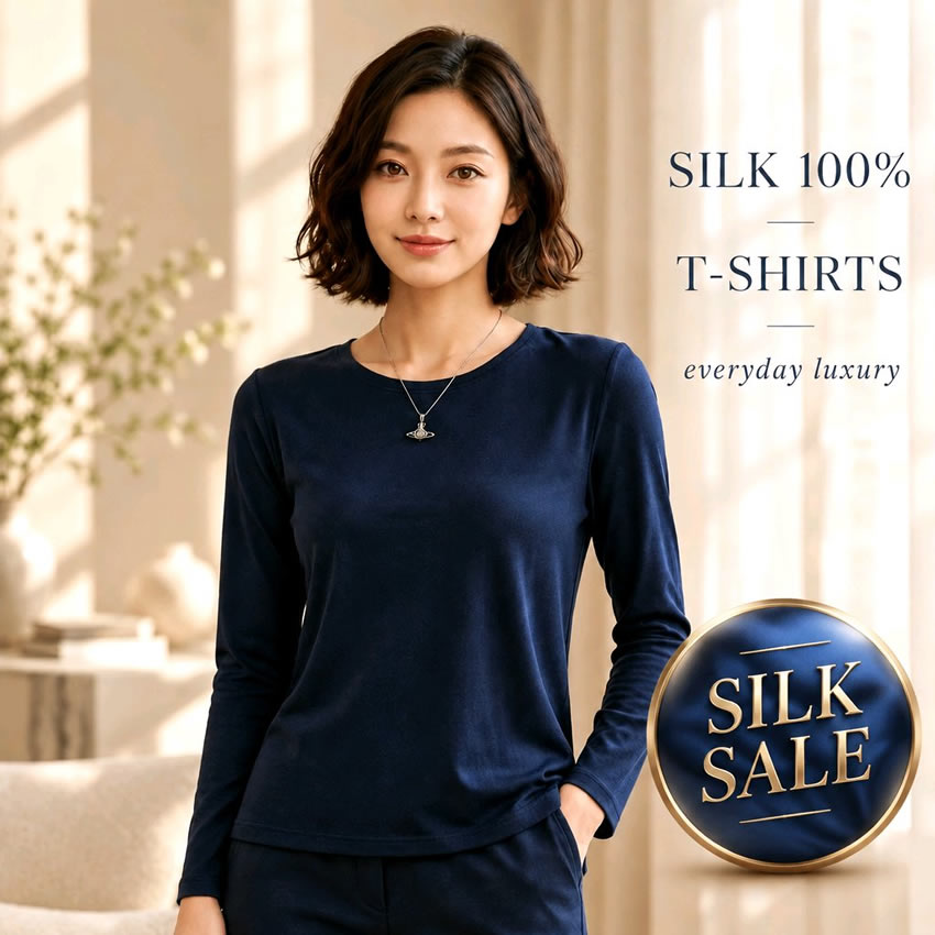 【薄い、暖かい、今欲しい】シルク100％長袖Ｔシャツ38％OFF【シンプルな着まわししやすい無地カラー】シルクだから着膨れせず暖か素材