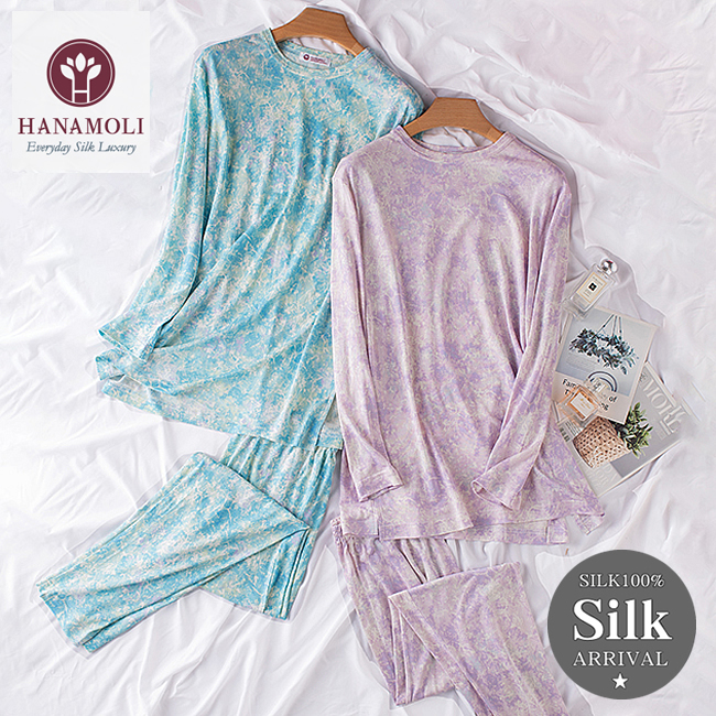 【HANAMOLI】シルク100％丸首パジャマ 2カラー【ポーチは付いてません】【34％OFF】
