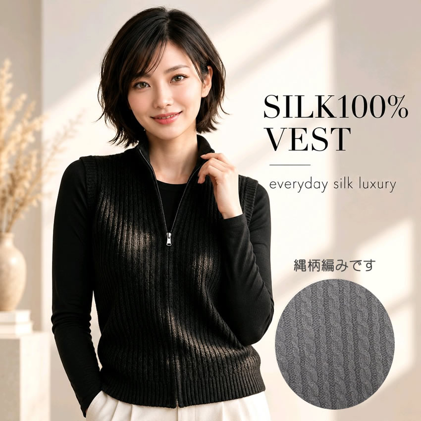 【シルク100％ 】縄柄編リブファスナーベスト 【シンプルクール】日本製【27%OFF】