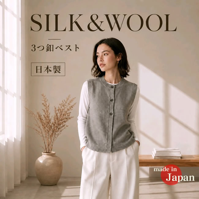 【シルク55％ウール45％ 】3つボタンベスト４カラー 【ナチュラルシンプル】日本製【20%OFF】