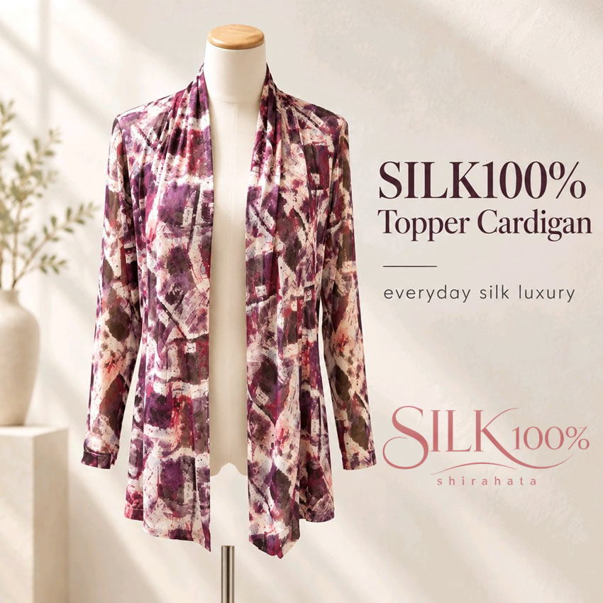 数量限定【53％OFF】シルク100%チュールプリントトッパーカーディガン【560ワイン系幾何学模様】シルクガーゼエレガント