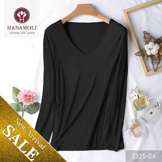 【HANAMOLI価格据え置き】【ブラック新入荷】シルクVネック長袖インナー【3325】シルク100％で滑らかな着心地【お試しプライス48％OFF】