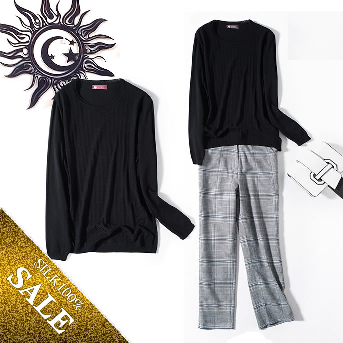 【最終価格】前身頃模様編みニットシルク100％丸首セーター【53％OFF】半額以下【カラー不揃い】  首元が綺麗に見えるラウンドネック