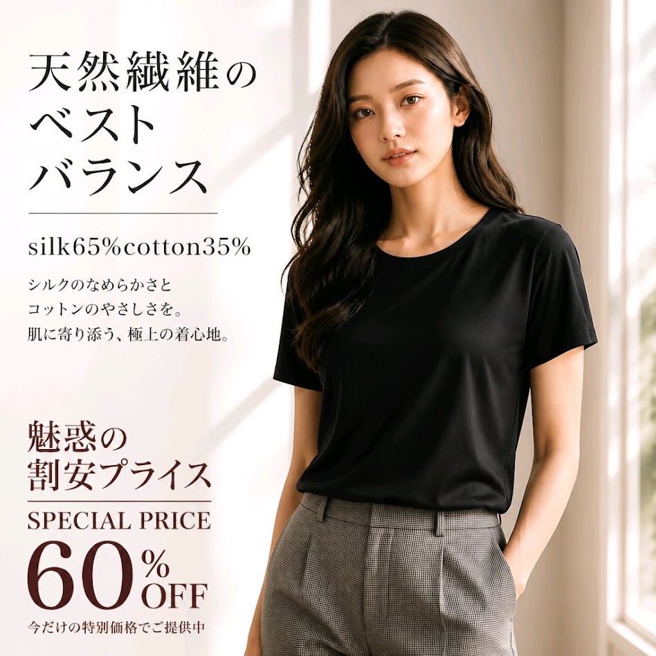 【魅惑の割安価格6割引き】【シルク65％コットン35％】天然素材3分袖インナー【在庫限定アウトレット】残り僅か【ブラック限定】