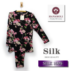 【HANAMOLI】シルク100％丸首パジャマ【シックブラック】ポーチは付いてません【35％OFF】