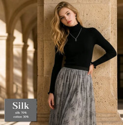 着痩せなシルエット【50%OFF】シルク70％コットン30％リブ織ハイネックカットソー【黄金比率】やさしく体にフィット【5カラー】