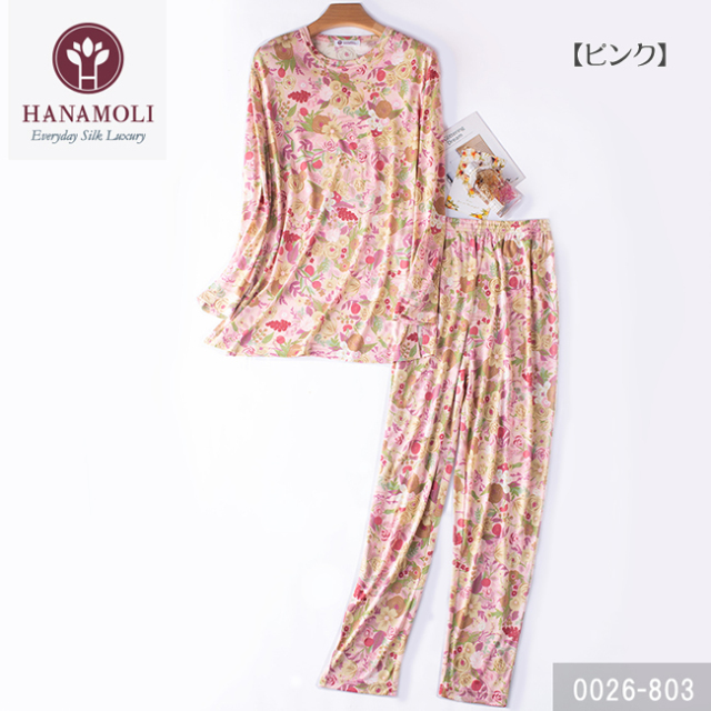 HANAMOLI】シルク100％丸首パジャマ 2カラー【ポーチは付いてません