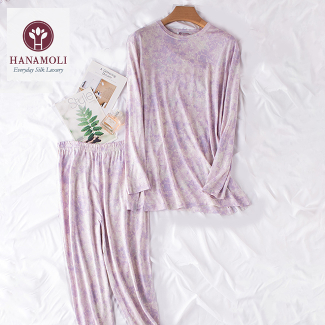 HANAMOLI】シルク100％丸首パジャマ 2カラー【ポーチは付いてません