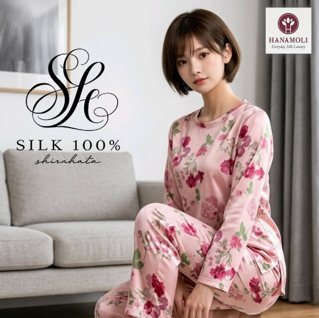 NYピンクフラワー シルク100%クルーネックパジャマ 【35％OFF】