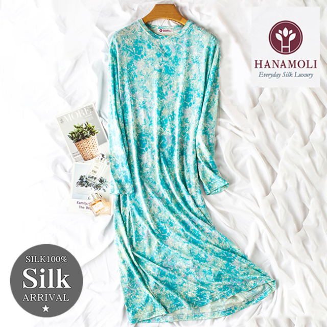 新品　シルク混　レディース　ワンピース　リバティ風柄　絹　SILK　コットン シルク100％】長袖ワンピースネグリジェ 2カラー【35％OFF