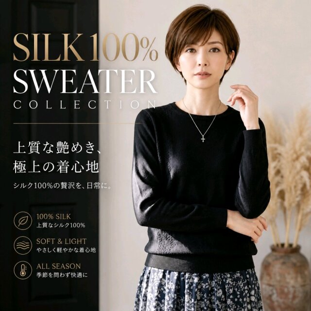 新品未使用タグ付き！定価81,400円　シルク セーター ニット SALE】前身頃模様編みニットシルク100％丸首セーター【52％OFF】半額