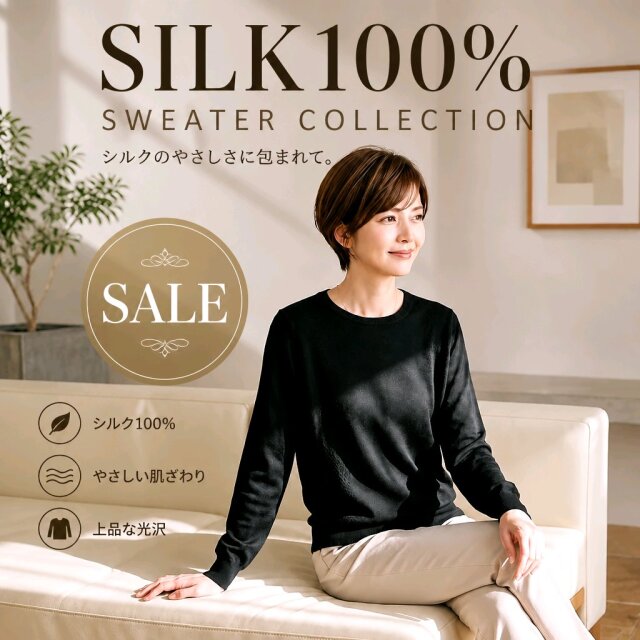 SALE】前身頃模様編みニットシルク100％丸首セーター【52％OFF】半額