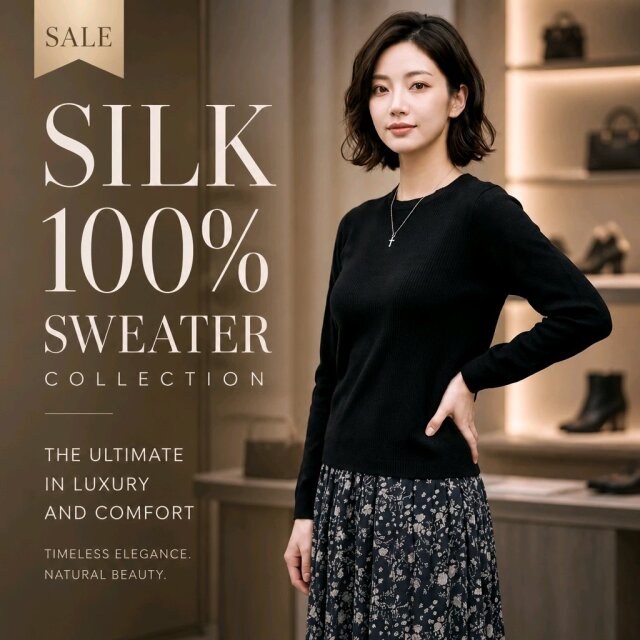 SALE】前身頃模様編みニットシルク100％丸首セーター【52％OFF】半額