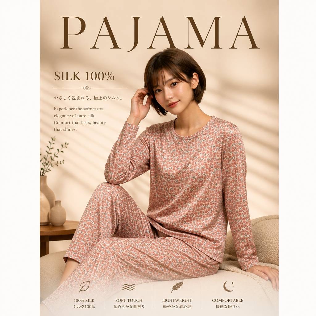 New【HANAMOLI】シルク100％丸首パジャマ 【ポーチは付いてません】【34％OFF】806807