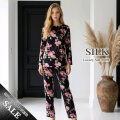 【再入荷】【HANAMOLI】シルク100％丸首パジャマ【シックブラック】ポーチは付いてません【35％OFF】