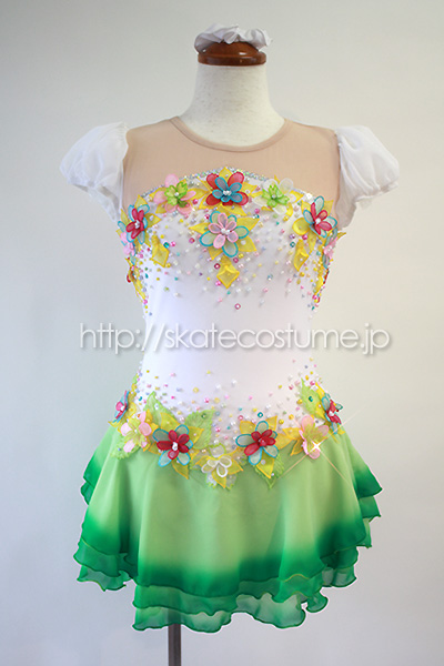フィギュアスケート衣装 FRY-171白xグリーン 【スケートコスチュームDD】