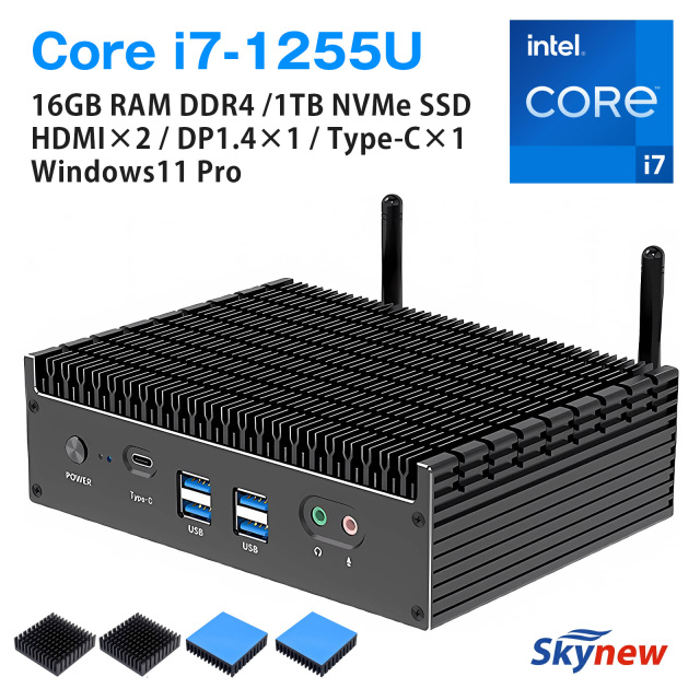 Skynew ファンレスPC 第12世代 インテル Core i7 (10コア/12スレッド) 16GB DDR4 メモリ/ 1TB M.2 NVMe SSD LANx2 802.11ax Wi-Fi 6E / BT5.3 / HDMIx2 DP1.4x1 Type-C(8K/60Hz出力対応) Windows11 Pro 通電時自動起動 小型PC K12