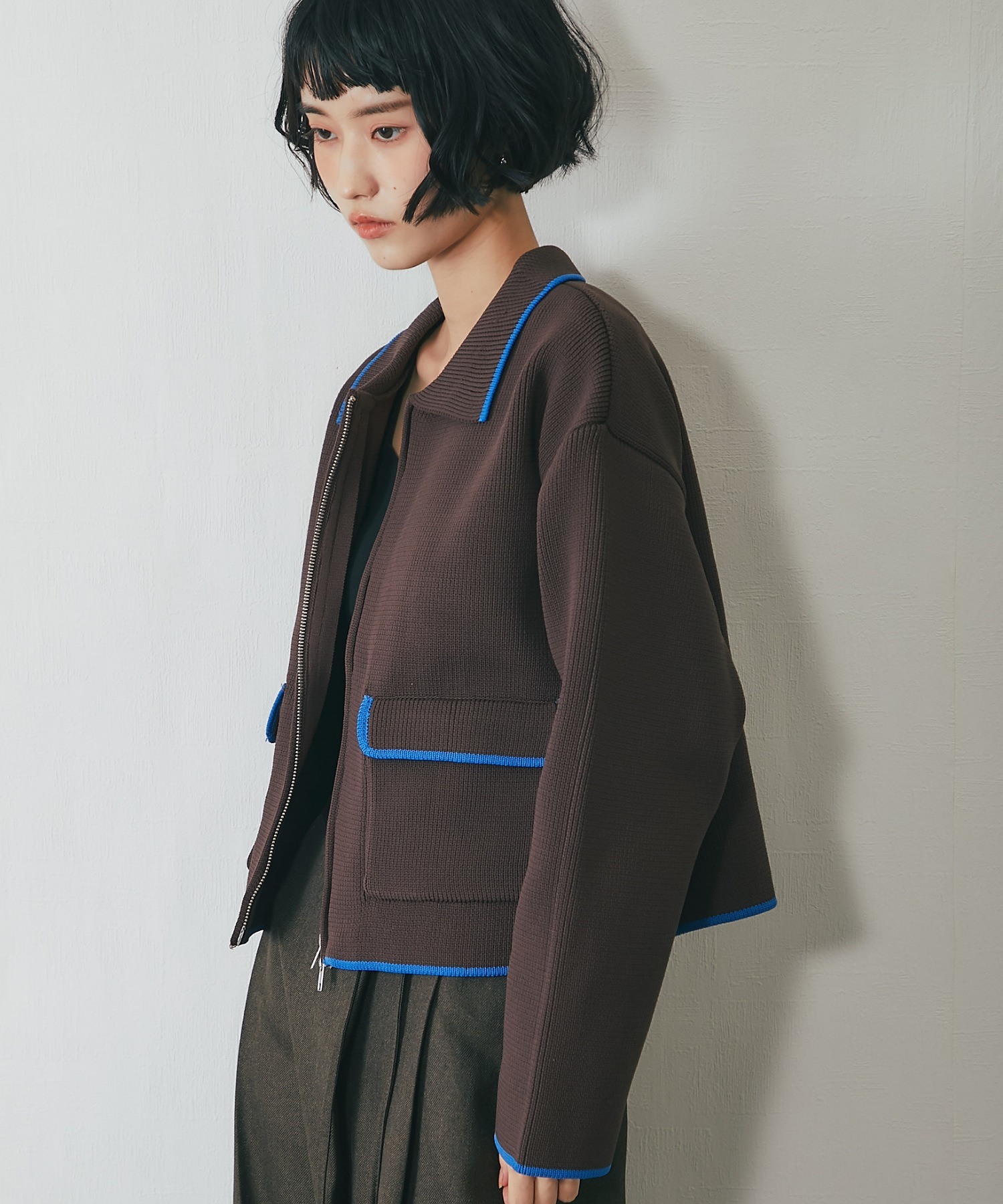 配色襟付きショートニットブルゾン【品番：asF1341】