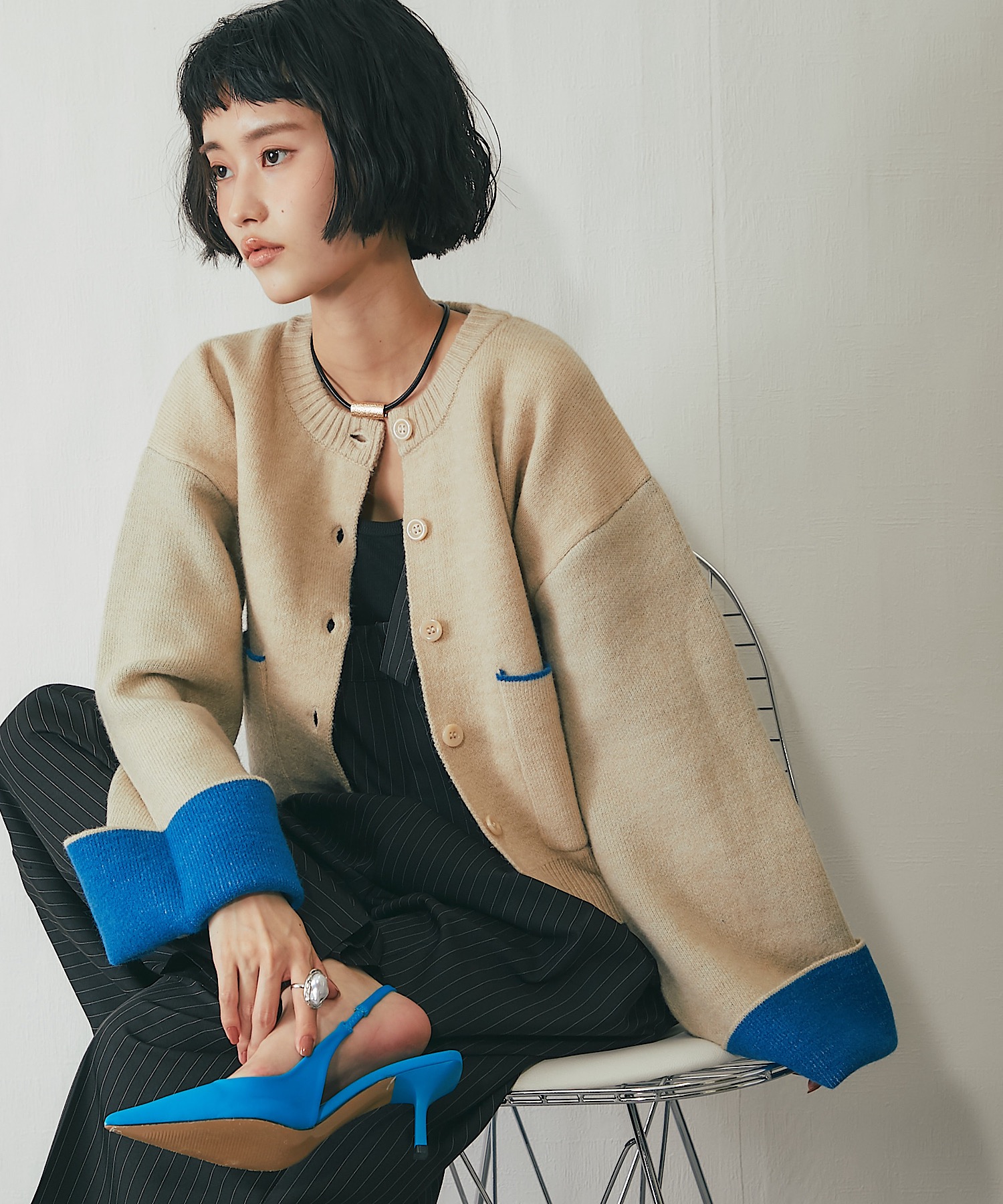 新鮮な配色のバイカラーニットカーディガン【品番：asR1589】