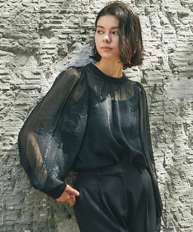 オーガンジー長袖シャツブラウス 【品番:as27701】