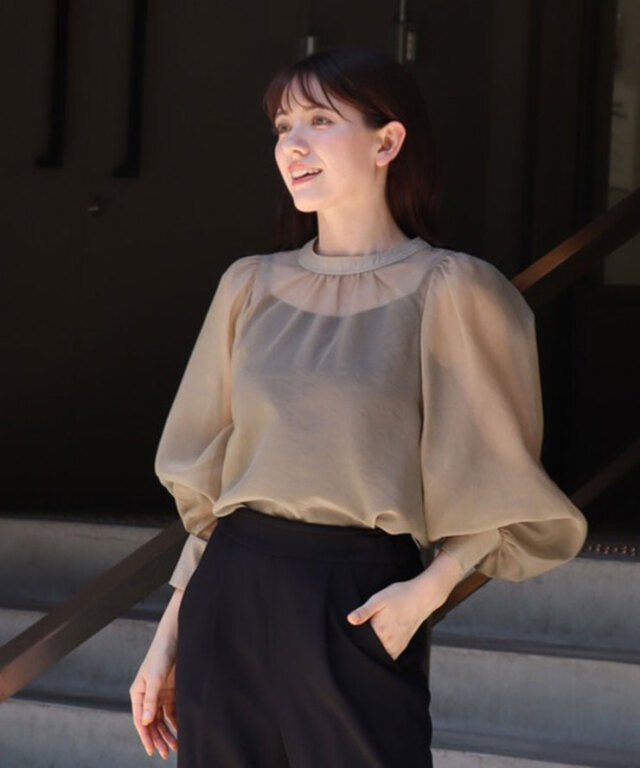 オーガンジー長袖シャツブラウス 【品番:as27701】