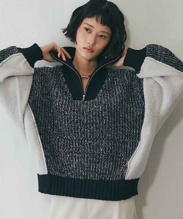 配色切替えMIXハーフジップニット【品番：as77023】