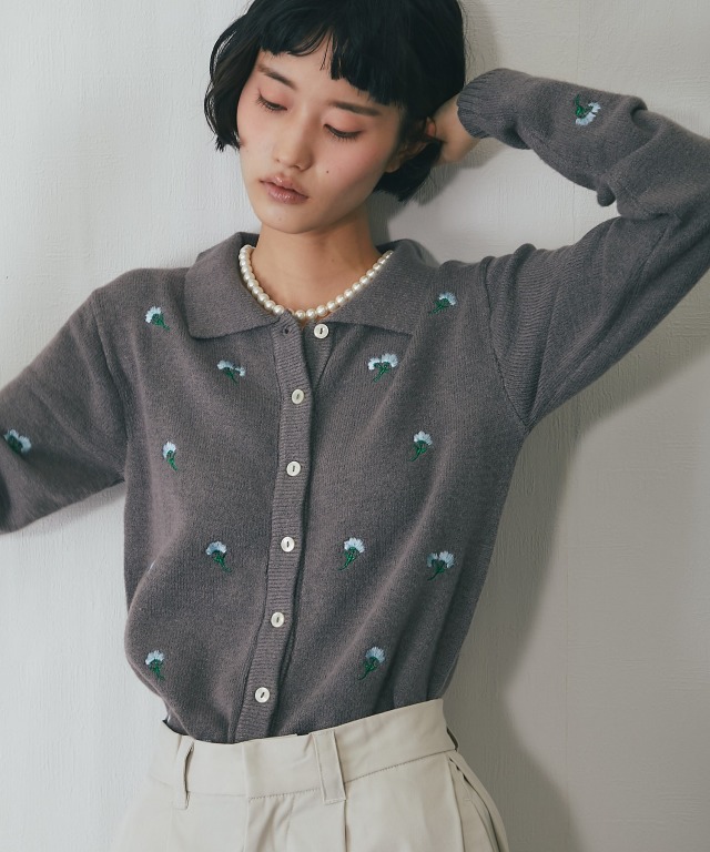 襟付き花柄刺繍カーディガン【品番：asA1393】