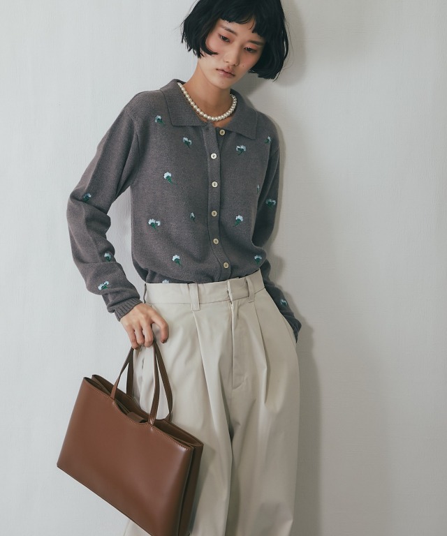 襟付き花柄刺繍カーディガン【品番：asA1393】