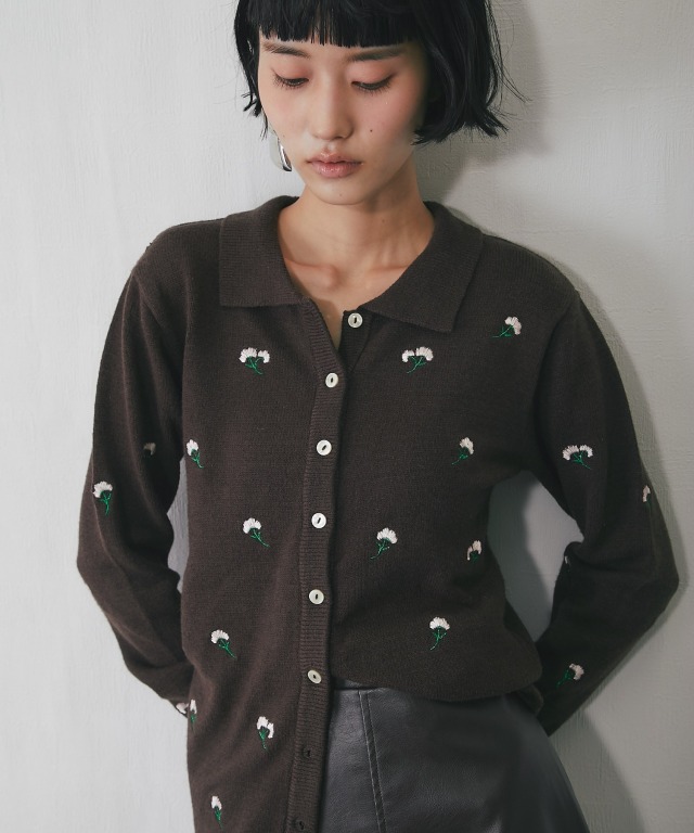 襟付き花柄刺繍カーディガン【品番：asA1393】