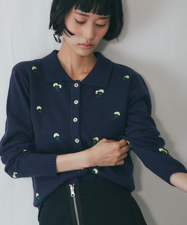 襟付き花柄刺繍カーディガン【品番：asA1393】