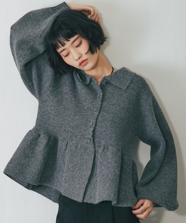 裾フリルペプラム襟付きカーディガン【品番：asA1531】