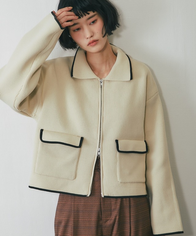 配色襟付きショートニットブルゾン【品番：asF1341】