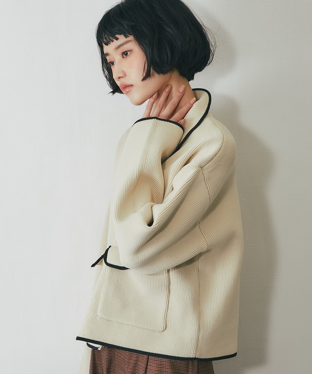 配色襟付きショートニットブルゾン【品番：asF1341】