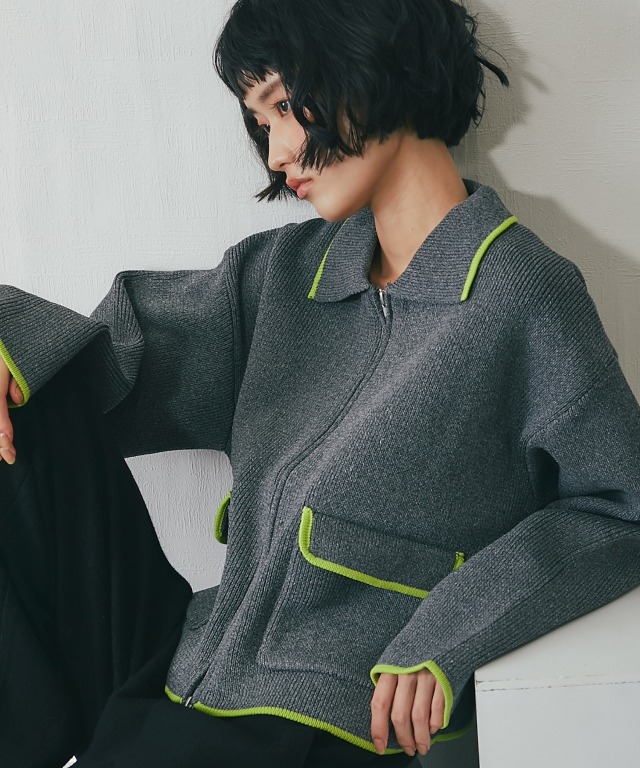 配色襟付きショートニットブルゾン【品番：asF1341】